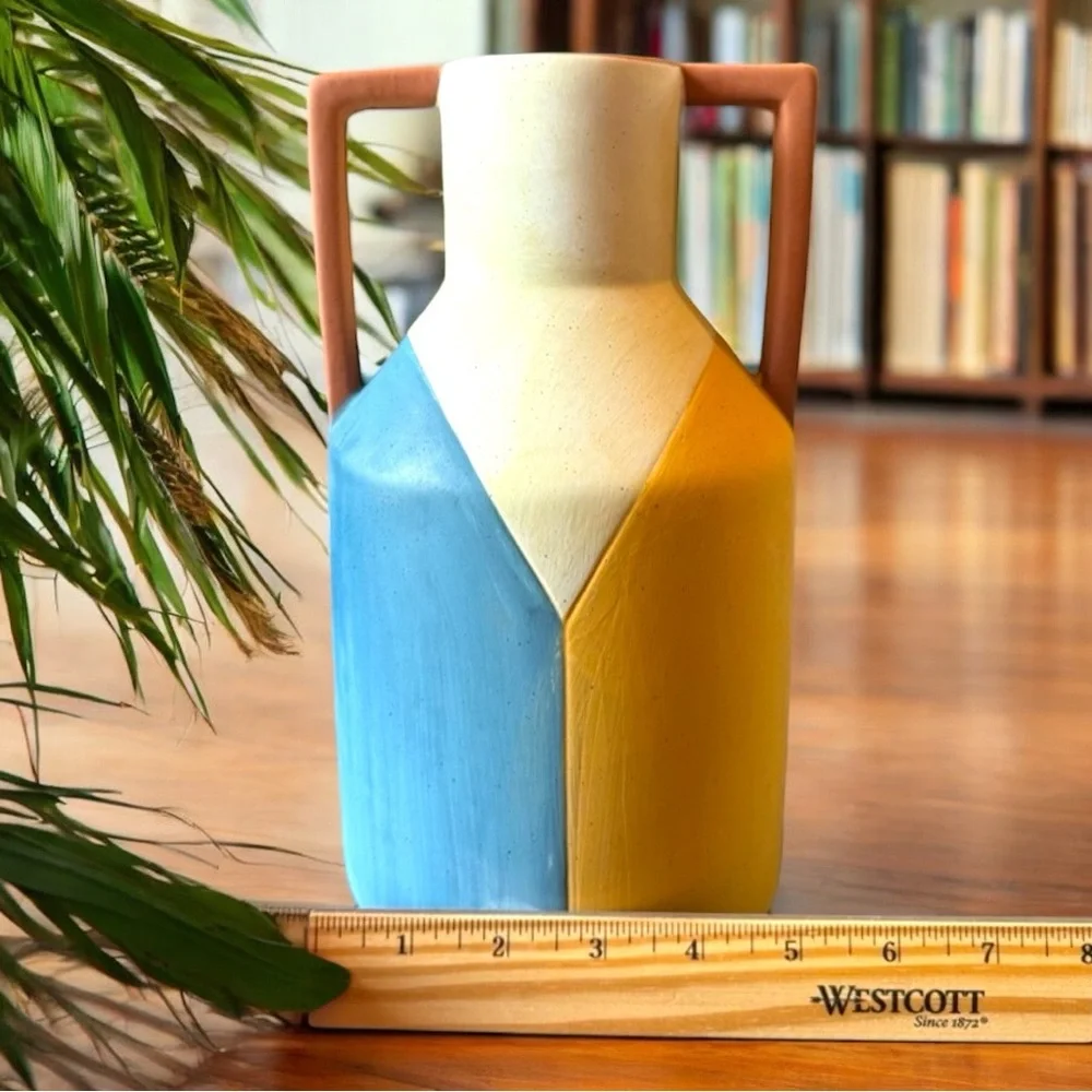 COCOLORIST Ceramic Vase w/ Handles Blue Yellow Cream - Handmade